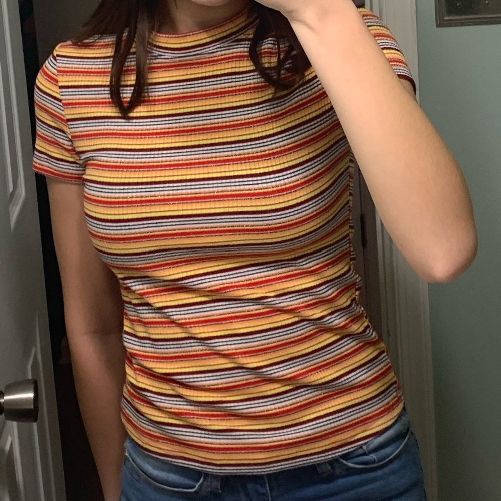 Casual Multi-Stripped Ribbed Short Sleeve Tee Top